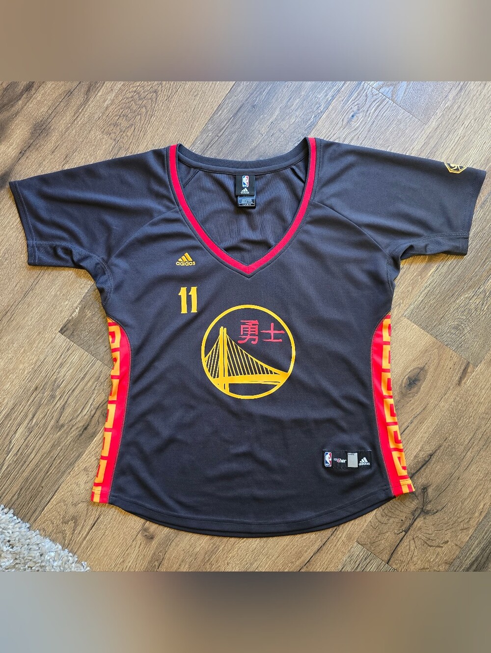 adidas Warriors #11 Klay Thompson V‑Neck Jersey with Red & Gold Trim